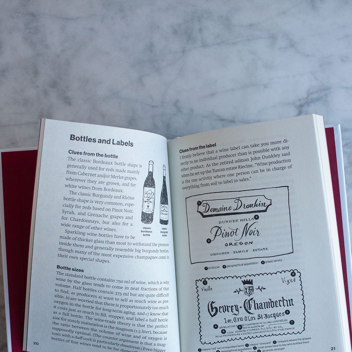 "24-Hr Wine Expert" open to pages 20/21 covering the topic of "Bottles and Labels" with headers titled: Clues from the bottle, Bottle sizes, Clues from the label. On the right page there are two sketches of bottle labels with label attributes numbered with a key indicating what each attribute means.