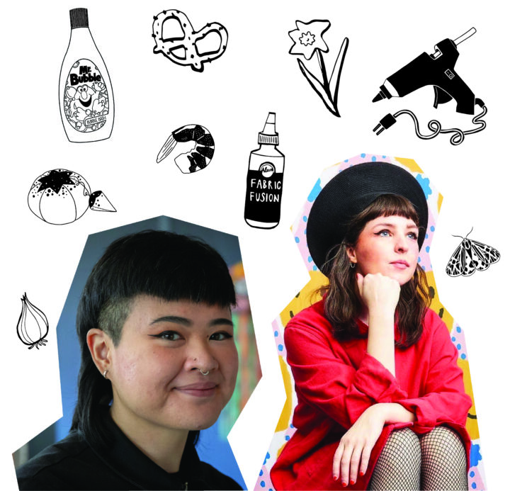 Collage of two portraits surrounded by various black-and-white illustrations, including a bottle, pretzel, and glue gun.